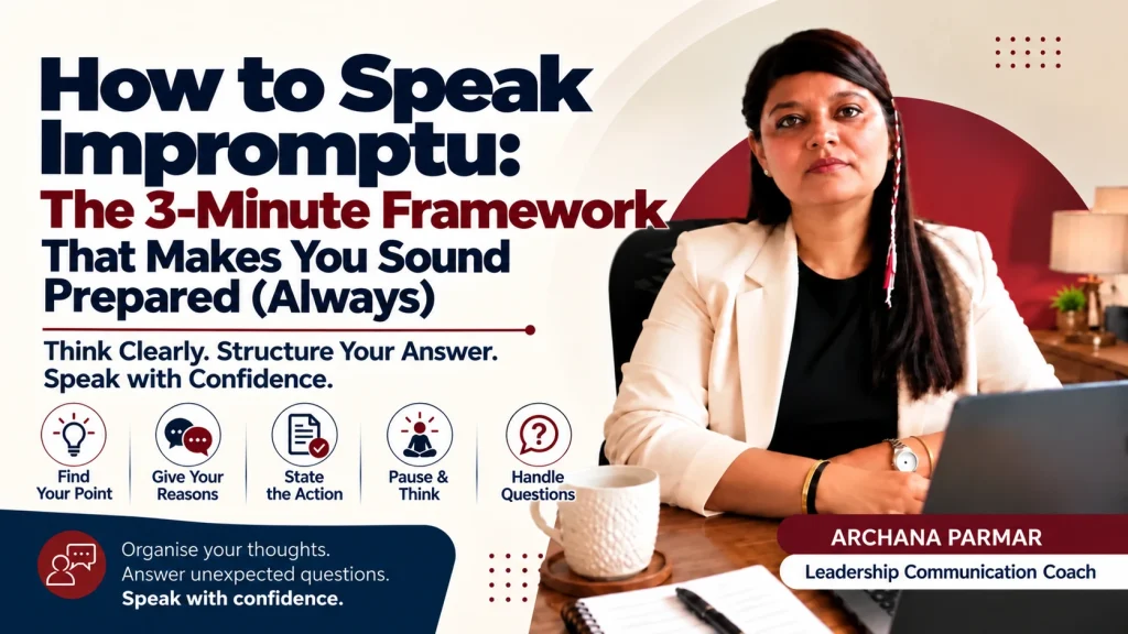 Professional thumbnail featuring Archana Parmar, Leadership Communication Coach, with the title “How to Speak Impromptu: The 3-Minute Framework That Makes You Sound Prepared (Always).” The design highlights clear thinking, structured answers, confident speaking, and handling unexpected questions in navy blue, burgundy, and cream.